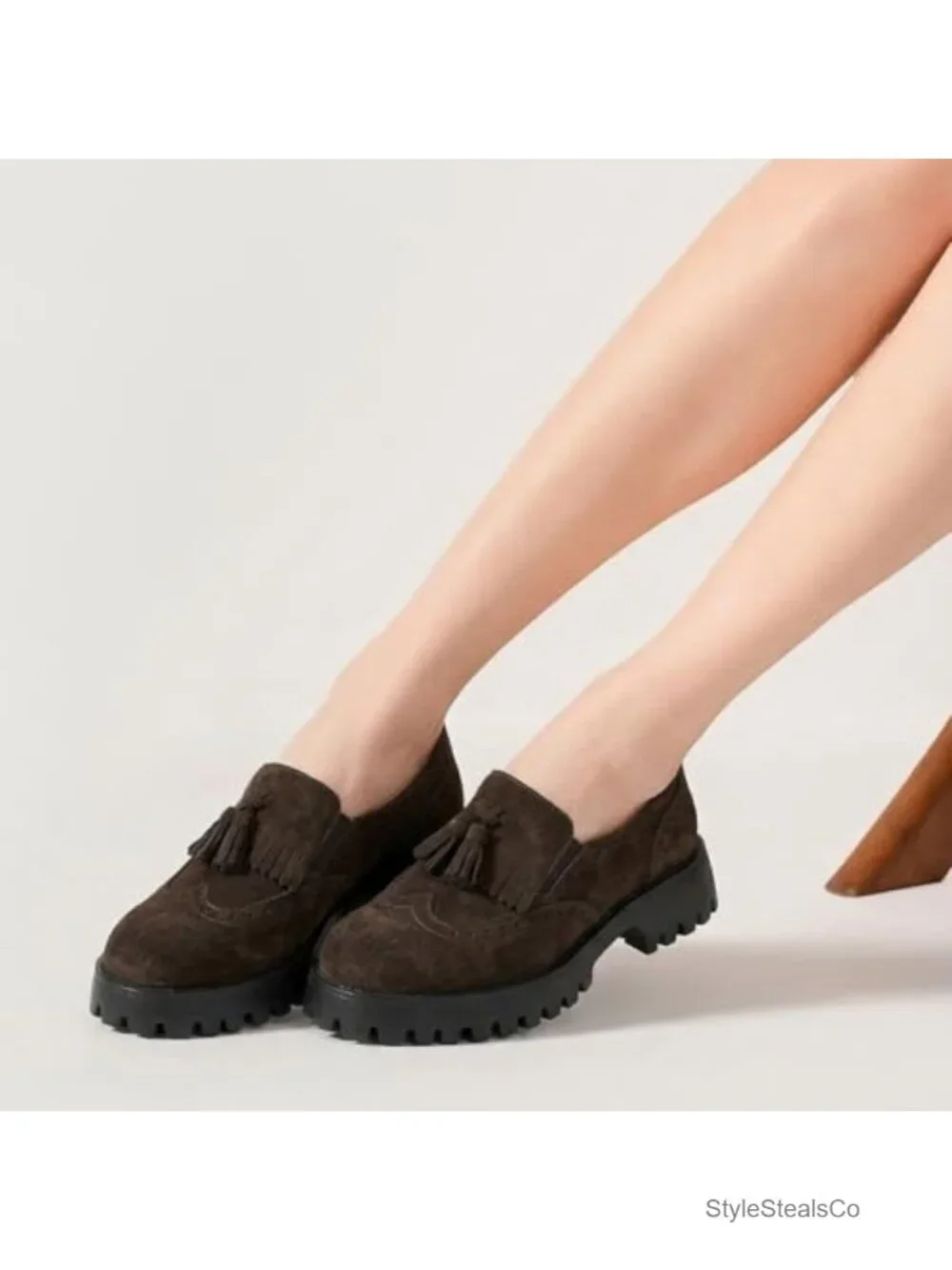 Genuine Cow Suede Chunky Loafers with Tassel Brogue Design - 1.97in Block Heel